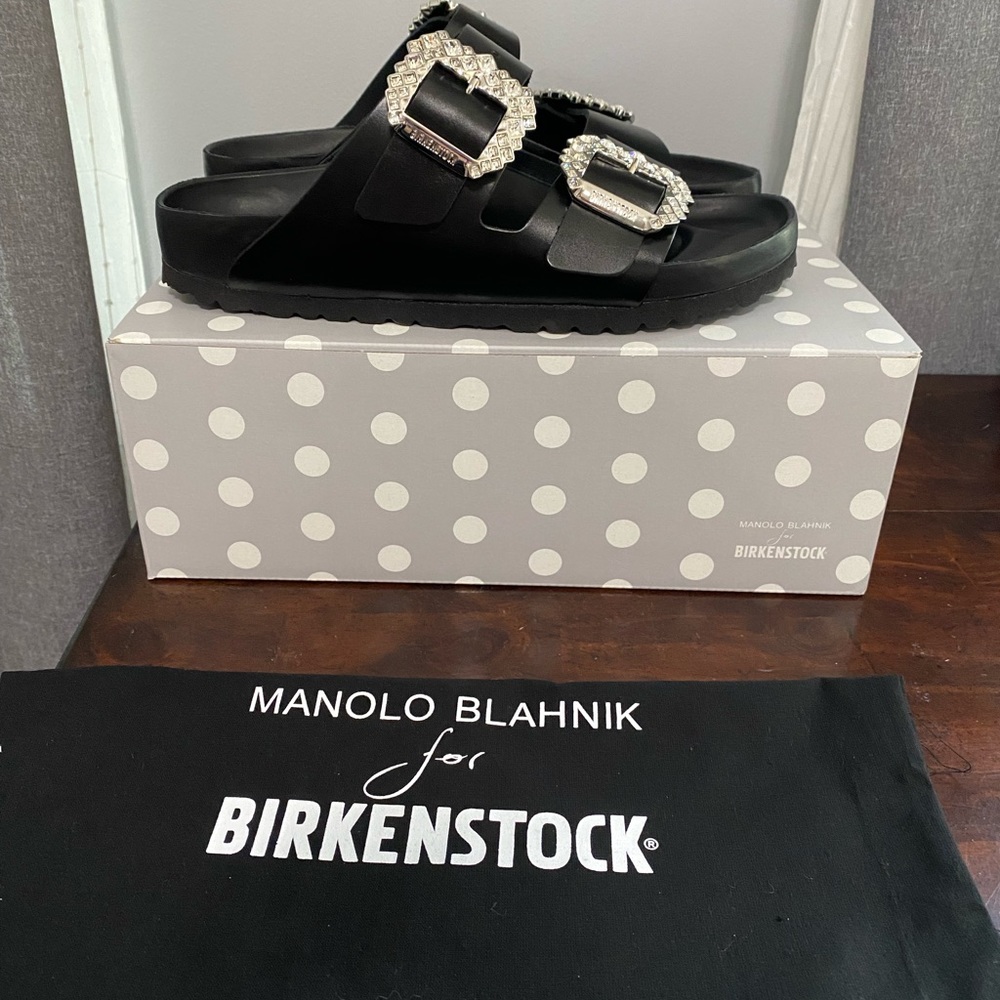 Manolo Blahnik Birkenstock Arizona Crystal Buckle Black size 40 US 9 brand new